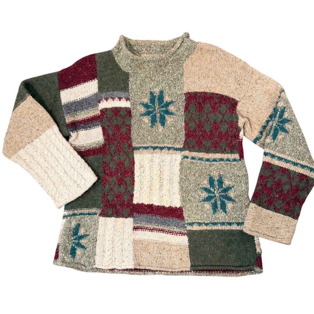 American Eagle Patchwork Handknit Sweater SML‎ Chunky Wool Blend Cabin Pullover